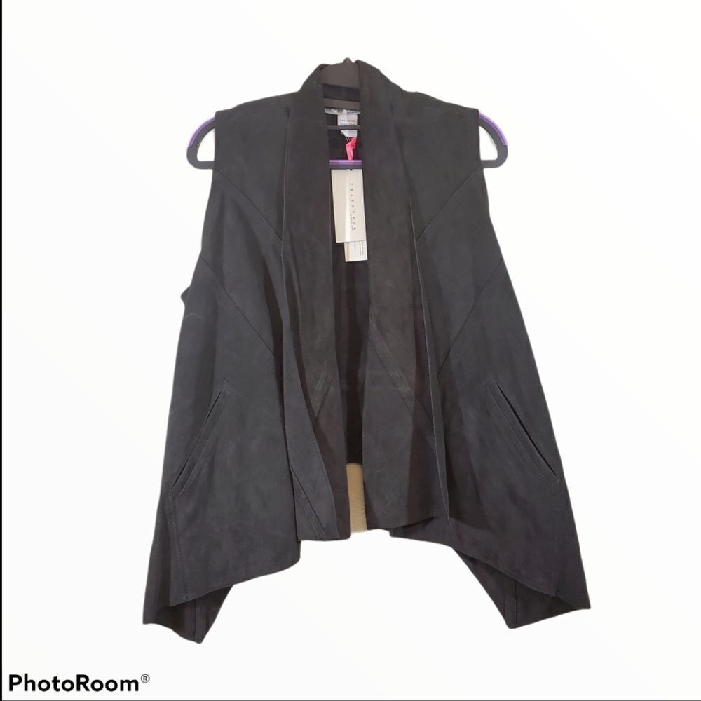 Rezrekshn by Esther Chen Hobo Lagenlook Suede Open Front Waterfall Leather Vest
